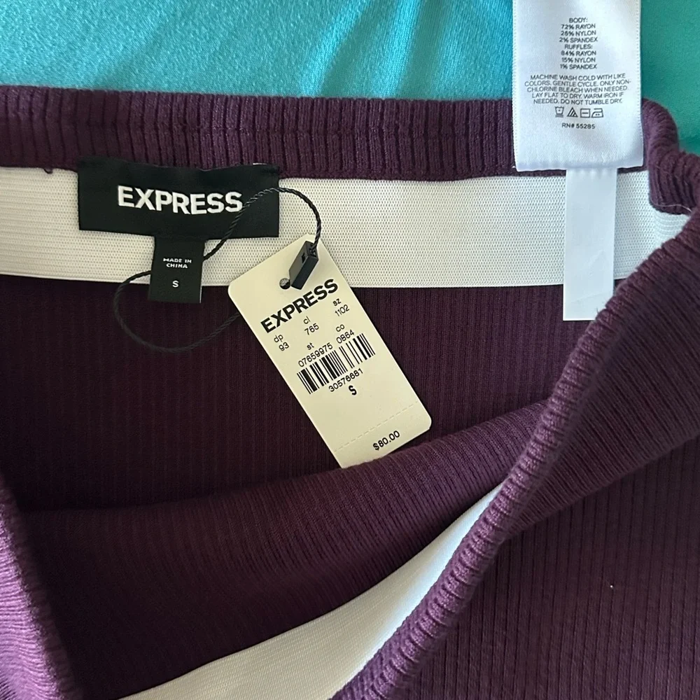 Express Body Contour Plum Ribbed Set of Crop One Shoulder Top and Ruffle Skirt